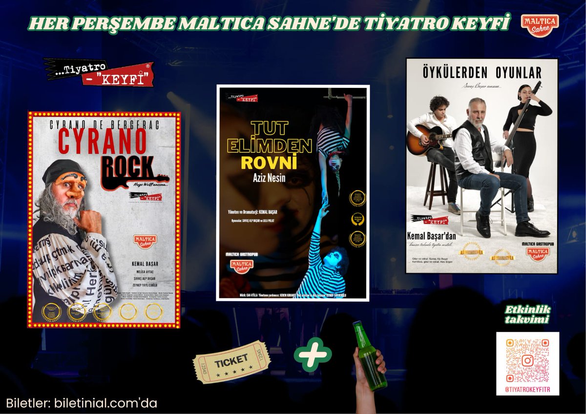 "Cyrano Rock", "Tut Elimden Rovni" ve "Öykülerden Oyunlar" 23 Ekimden itibaren her Perşembe akşamı Beşiktaş Maltica Sahne'de!

🔸️ Oyunları bistro masalarda, içeceğiniz eşliğinde izleyebilirsiniz. İlk içecek bilete dahildir.

🔶️ Bilet:
biletinial.com/tr-tr/etkinlik…

🔶️ 05461009634