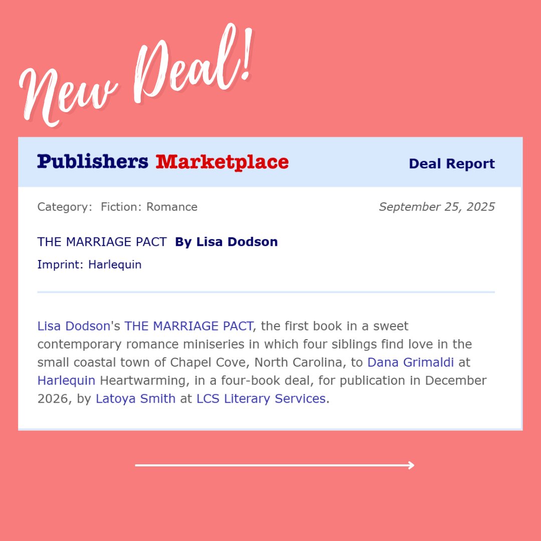 LCSLiteraryServices (@lcsliterary) on Twitter photo We’re thrilled to announce a NEW DEAL with author <a href="/LisaYDodson/">Lisa Dodson</a> for her upcoming romance miniseries, The Marriage Pact — a heartfelt four-book journey of love, promises, and second chances.
Congratulations to LCS Literary Founder <a href="/GlamEditor_Girl/">Latoya C. Smith</a> for securing this exciting deal! We’re thrilled to announce a NEW DEAL with author <a href="/LisaYDodson/">Lisa Dodson</a> for her upcoming romance miniseries, The Marriage Pact — a heartfelt four-book journey of love, promises, and second chances.
Congratulations to LCS Literary Founder <a href="/GlamEditor_Girl/">Latoya C. Smith</a> for securing this exciting deal!