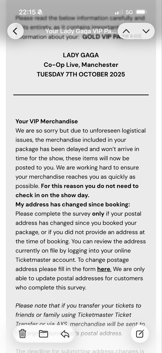 JamesBendix's tweet photo. @ladygaga have you  seen how @VIPNation are treating your fan base.

Gold VIP tickets and no merch on the night of the event. Not acceptable. Paid a fortune for these tickets. https://t.co/XPGZgYIvQD