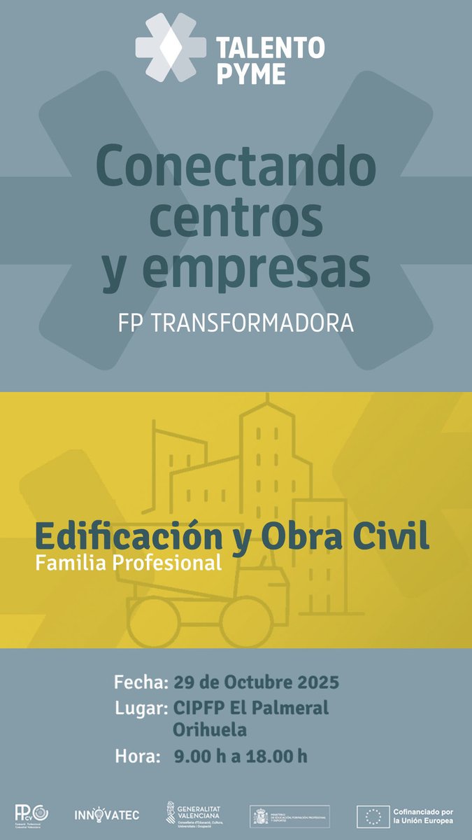 El #CIPFPElPalmeral participa en el programa #TALENTOPYME de la <a href="/GvaSomFP/">GVASomFP</a> El centro es anfitrión para la coordinación del evento de la #FamiliaProfesional de #EdificaciónyObraCivil en el que participan tanto las EMPRESAS del sector productivo como el PROFESORADO. 👏🏻👏🏻