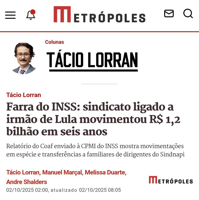 BrazilenDireita's tweet photo. 💰 Sindicato do irmão de #Lula, #FreiChico, movimentou R$ 1,2 bi em 6 anos com descontos indevidos no #INSS. 
#CPMIdoINSS 
- Escalada bilionária.
- Esquema de corrupção.
- Esquema de corrupção.

#SINDINAPI: Estamos diante do maior escândalo da história do #Brasil? https://t.co/ERNWDmO8bV