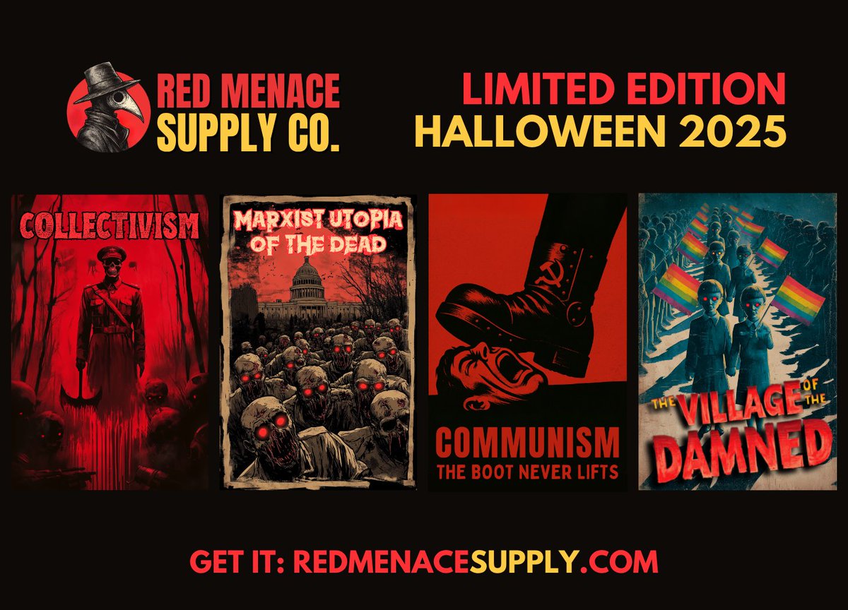 RedMenaceSupply's tweet photo. The limited edition Halloween Collection is here!

These designs are inspired by horror movie posters with a decidedly anti-communist message.

Get all merch with these designs 25% off through Oct 12 for Halloween delivery: https://t.co/M5qV5Um22b https://t.co/tSuHQ26BwC