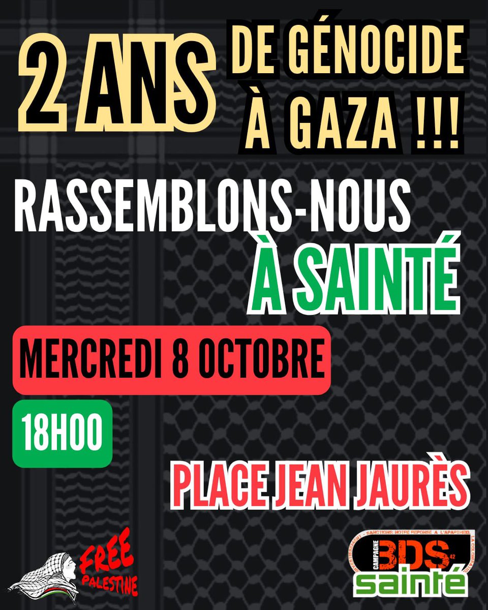 🇵🇸 Deux ans de génocide. Deux ans de complicité des États occidentaux. Deux ans et ils veulent vider Gaza des Palestinien·ne·s, achever la colonisation. 
Partout dans le monde les peuples se lèvent. Sainté, soulève-toi !