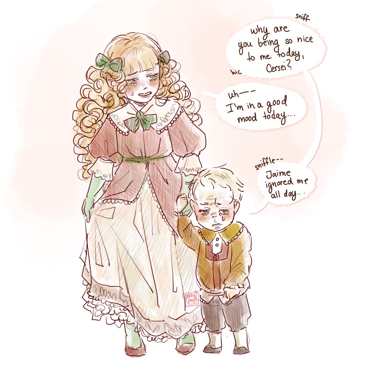 quackysprouts's tweet image. jaime and cersei used to switch clothes so that they can live each other’s lives💔. sorry ur dad sucks guys. u could’ve been the most iconic siblings at the function, instead ur both just insane. 

#GameOfThrones #lannister