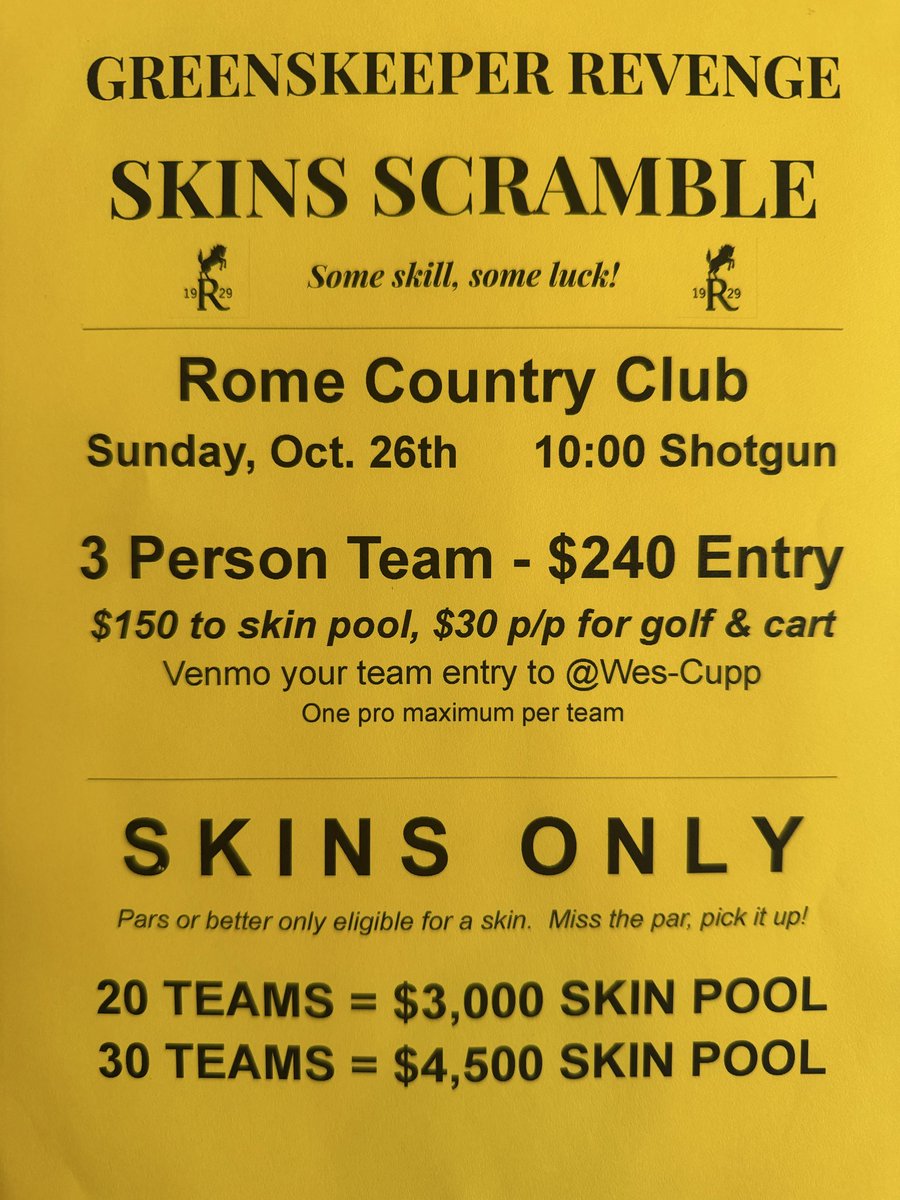 CountryRome's tweet photo. Massive cash in our inaugural Greenskeeper Revenge Scramble!  3 Person teams. Check it out! https://t.co/Phl4dn4IRI
