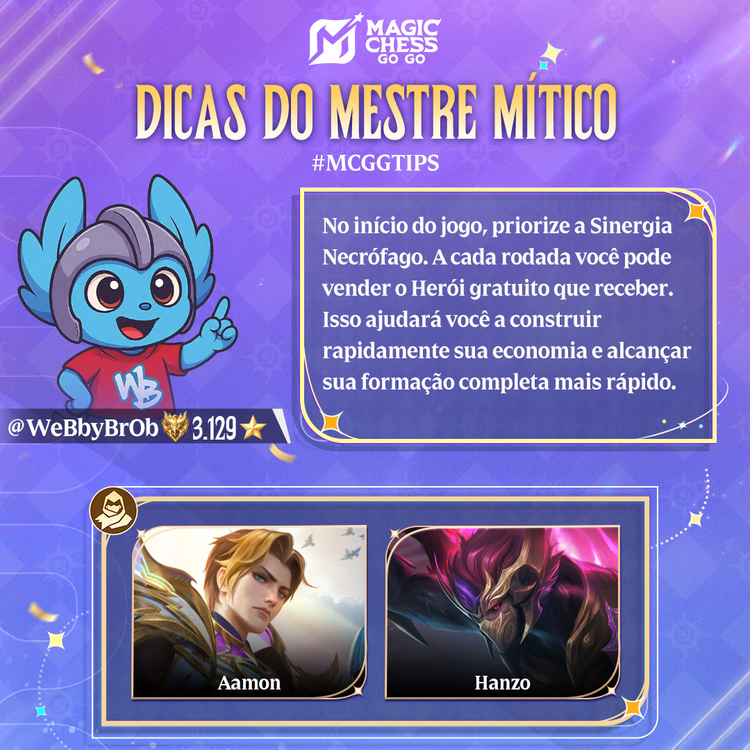 mcggbr's tweet image. Dicas do Mestre Mítico—WeBbyBrOb
No início do jogo, priorize a Sinergia Necrófago. A cada rodada você pode vender o Herói gratuito que receber. Isso ajudará você a construir rapidamente sua economia e alcançar sua formação completa.
#MagicChessGoGo
#MCGGTips
#GoChessGo
#MCGGS3