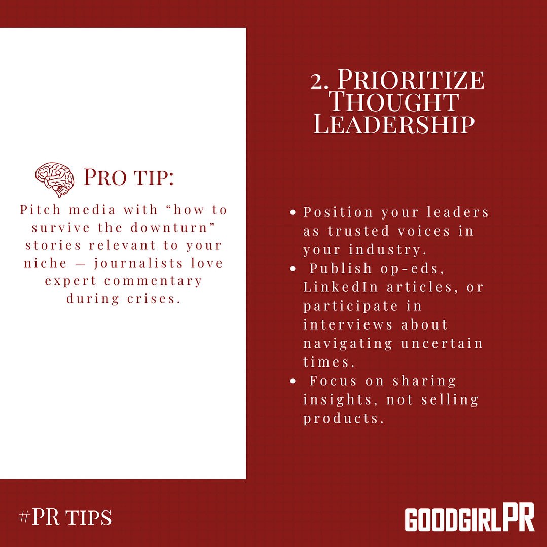 GoodGirlPR's tweet image. In tough times, people listen to leaders. Thought leadership in PR helps your brand stay relevant and trusted during economic uncertainty. #PR #ThoughtLeadership #SlowEconomy