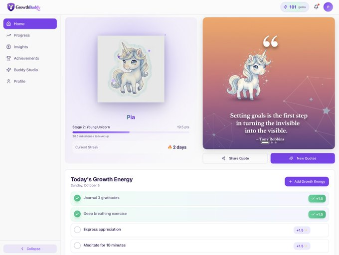 StrategAiZ's tweet photo. #Lovable Build Challenge: Dream Big Final Build

What if your habits grew an adorable unicorn? 🦄
Here's a tool that makes progress VISIBLE 
→ Complete Productivity Tasks✅
→ Earn Growth Points + Gems💎
→ Watch your UNICORN grow ✨
I came to build an MVP. I left with a full product. 
I DREAMED IT!  helped me BUILD and SHIP it!  

Try it: https://t.co/zpKCO84y1r

@lovable