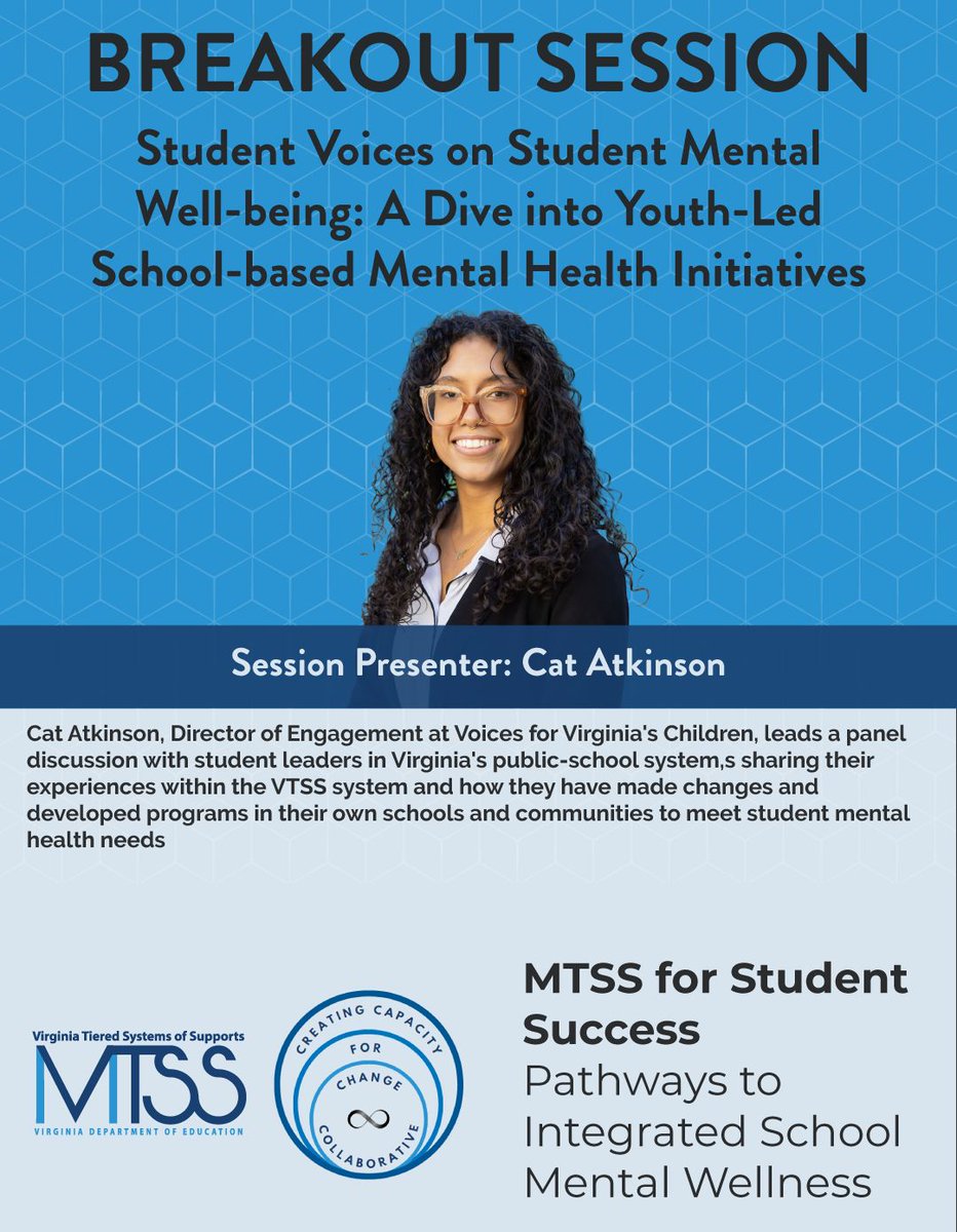 Vtss_ric's tweet photo. Cat Atkinson leads a panel discussion with student leaders in Virginia's public-school systems sharing their experiences within the VTSS system and how they have made changes and developed programs in their own schools and communities to meet student mental health needs https://t.co/UY9Zjb8rBv