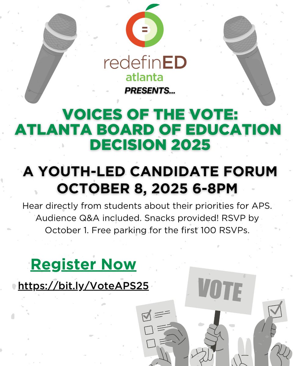 Want to know what matters most to APS students? Come hear it directly from them.

RSVP here: bit.ly/VoteAPS25

#VoteLocal #LocalElectionsMatter #AtlantaSchoolBoard #ATLSchools #ATLVotes #APSElection