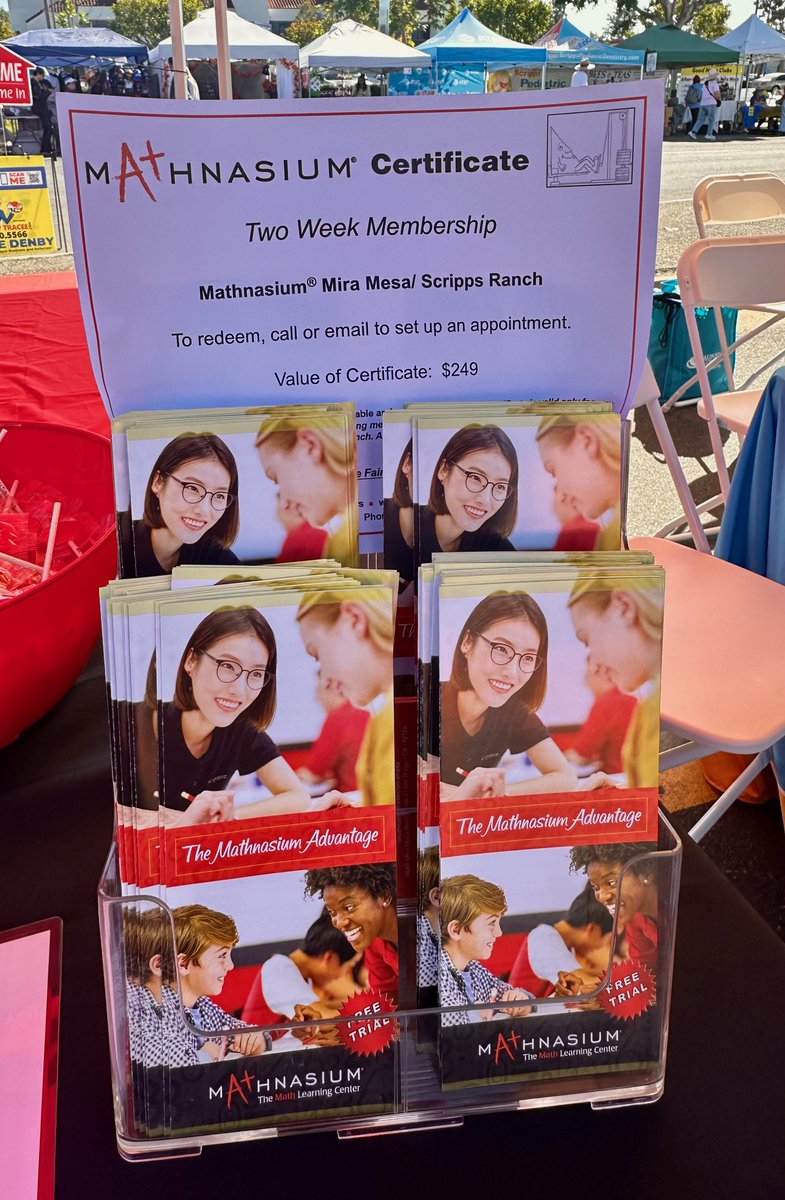MathnasiumMM's tweet photo. Last chance to win FREE Math tutoring sessions with #MathnasiumofMiraMesa!
Visit our booth at the #MiraMesaStreetFair BEFORE 5:00 PM TODAY to learn how you can win free sessions!
Learn more!
⬆️ https://t.co/pcZZL7mqL5
Schedule an assessment!
⬆️ https://t.co/FDZ80fFlZE https://t.co/SRZnVL6fJN