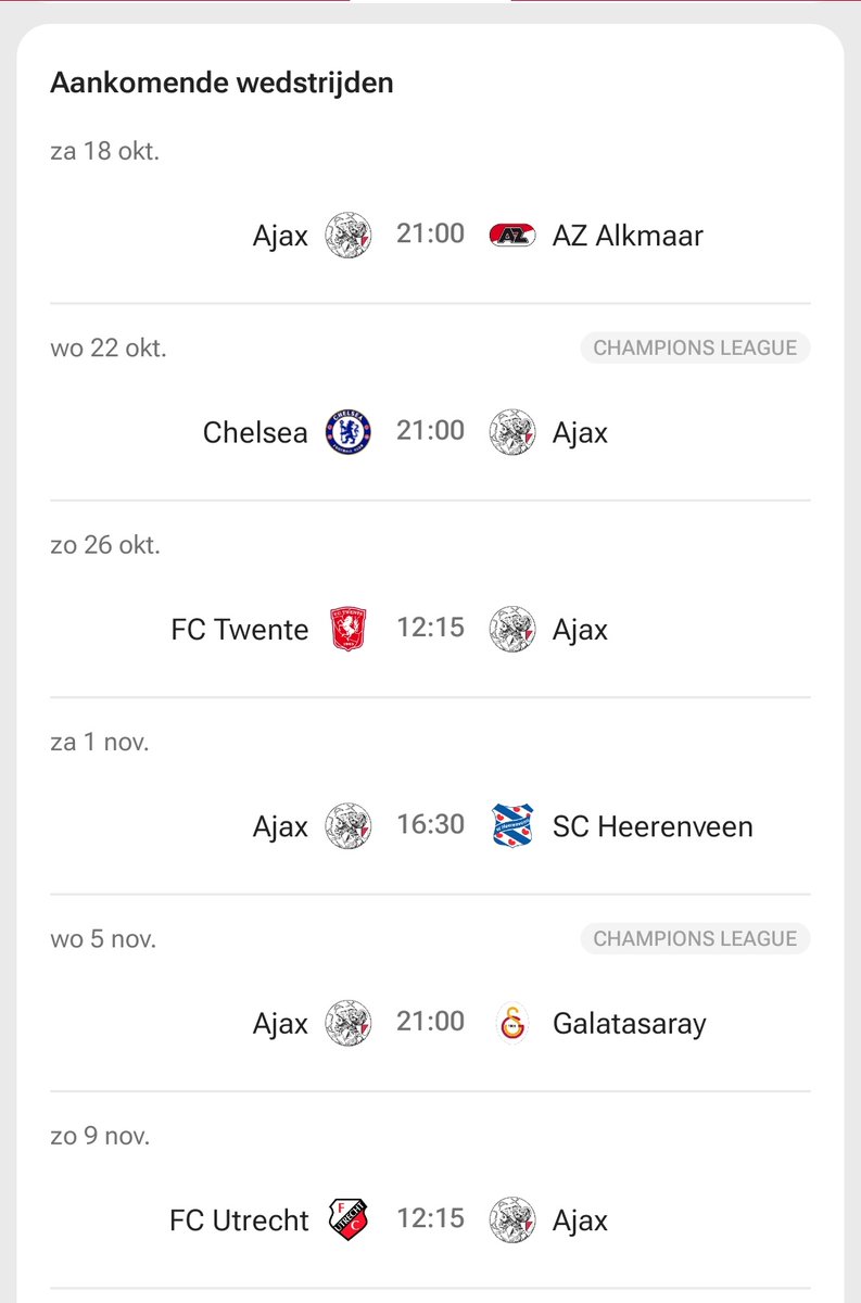 Dit schema... 

- Farioli had in de Eredivisie 8 verliespunten tegen deze tegenstanders. 
- GS wonnen we een beetje lucky
- Ten Hag had in zijn laatste jaar 5 verliespunten tegen deze tegenstanders.

Succes John, interim of topcoach. 😅

#Ajax