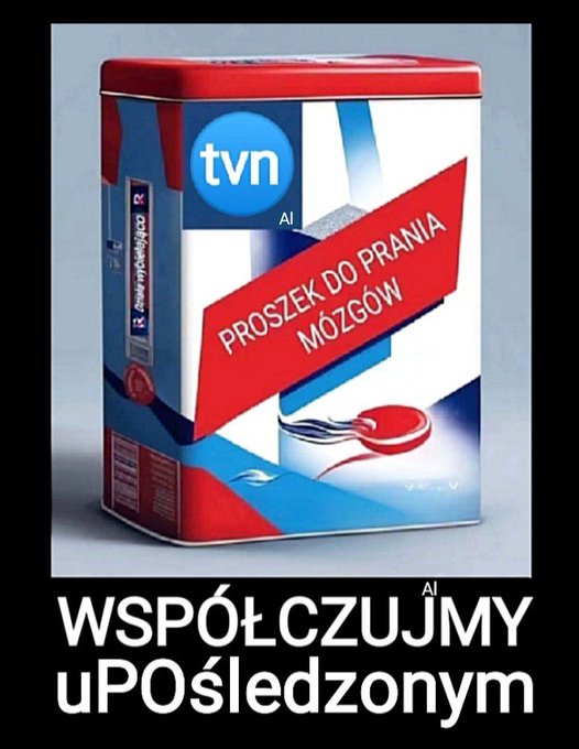 A box resembling laundry detergent packaging with a red, white, and blue design. The text "PROSZEK DO PRANIA MÓZGÓW" is prominently displayed in red and white. A TVN logo and an AI symbol are visible on the box. The text "WSPOŁCZUJMY UPOŚLEDZONYM" appears at the bottom in white on a black background.