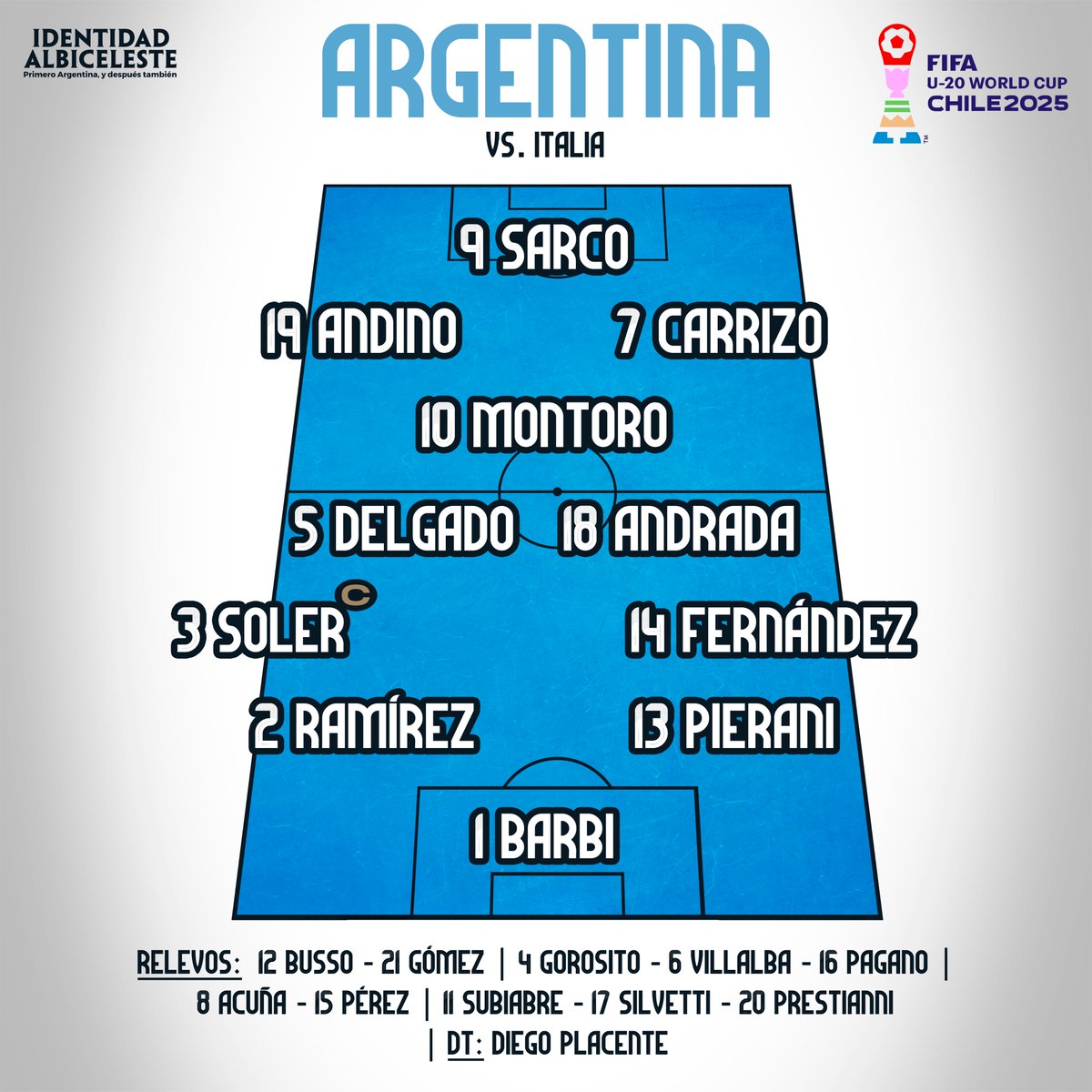 ¡Habemus equipo de la Selección #Argentina Sub 20 para enfrentar a Italia por la última fecha de la fase de grupos del #MundialSub20 en Chile.
