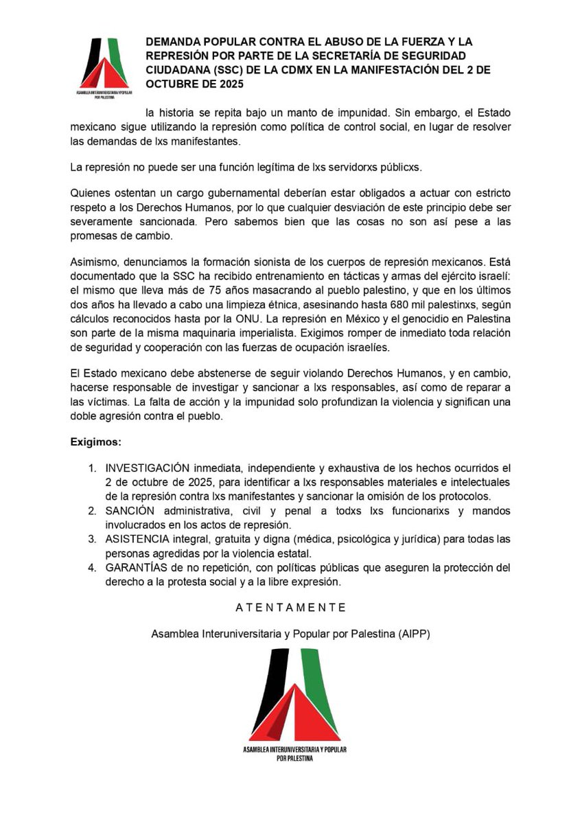 Posicionamiento de la
Asamblea Interuniversitaria у
Popular por Palestina ante el abuso de la fuerza y la represión por parte de la SSC
durante la manifestación del #2DeOctubre
