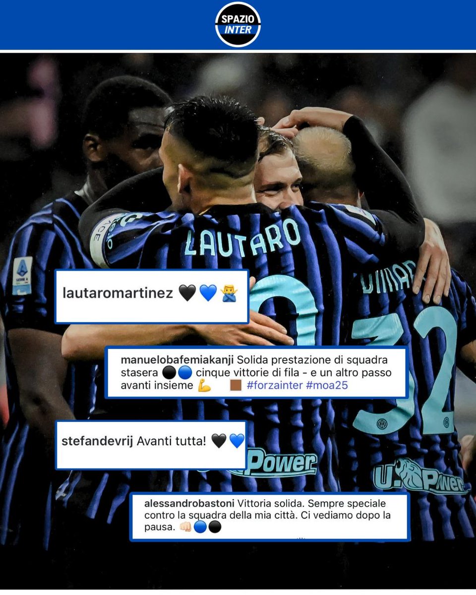 SpazioInter's tweet image. I calciatori dell&apos;Inter commentano il post gara contro la Cremonese 💪🏻

Sui loro profili social si festeggia la vittoria partendo dal capitano Lautaro Martinez fino a Bastoni, passando per Akanji e De Vrij 😍

#InterCremonese #Inter #SpazioInter