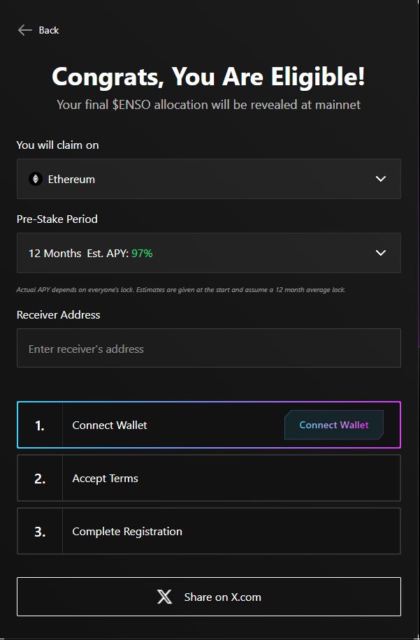 🪂 <a href="/EnsoBuild/">Enso | ⌘ 🛠️</a> Airdrop Ön Kaydı Başladı!

🧷 drop.enso.build

Kayıt Adımları: 

1) Enso görevlerinde kullandığın cüzdan adresini yaz ve Register butonuna tıkla.
2) Eğer “Eligible” ifadesini görüyorsan devam edebilirsin.
3) Airdrop miktarını TGE sırasında görebileceksin.
4)