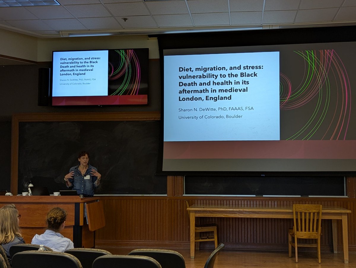 RMBioAnth's tweet photo. #RMBAA2025 Keynote 2: Dr. Sharon DeWitte (CU Boulder) presenting "Diet, Migration, and Stress: Vulnerability to the Black Death and Health in Its Aftermath in Medieval London, England." https://t.co/GkAJdCVRvZ