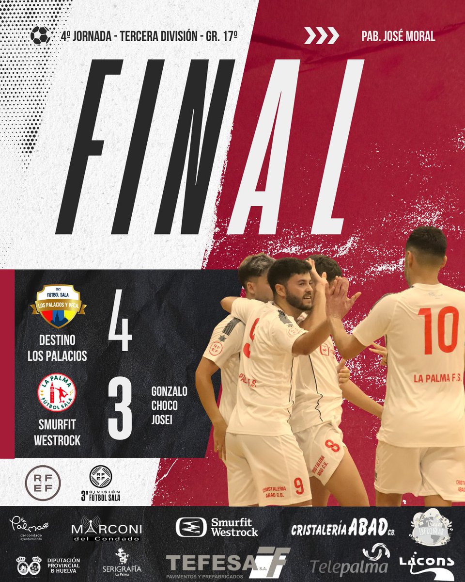 ▶️ RESULTADO FINAL | Jornada 4 (Tercera División Gr. 17)

🔴 Destino G. Los Palacios 4-3 Smurfit Westrock La Palma
⚽ Gonzalo, Josei y Choco

✖️ Llegó la primera derrota de la temporada y lo hizo de la manera más cruel. 

⭐ Ahora #ModoCopadelRey vs Cádiz

#OrgulloPalmerino ❤️