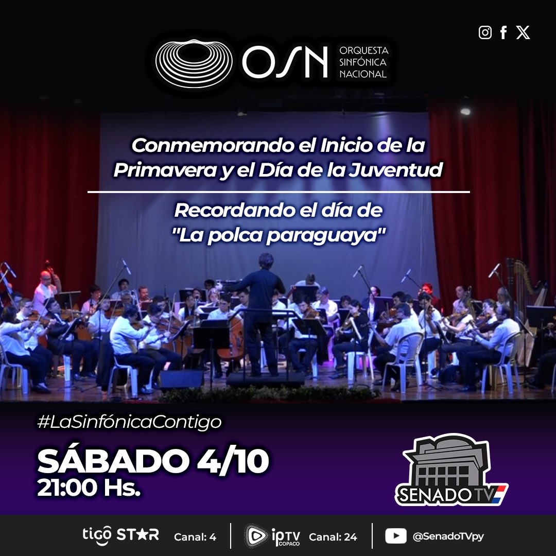 Una noche para celebrar la música y nuestras raíces.
La Orquesta Sinfónica Nacional presenta un concierto especial en conmemoración al inicio de la Primavera, el Día de la Juventud y el Día de la Polca Paraguaya. 🇵🇾🌸

🎻 No te pierdas esta presentación que une el talento, la