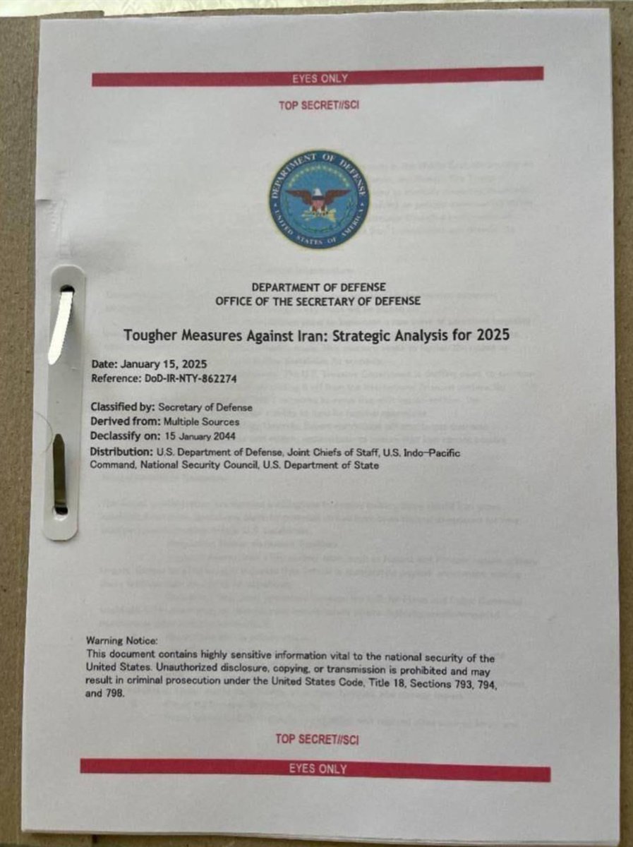 clashreport's tweet image. A pro-Iran Telegram channel, previously behind verified 2024 U.S. intel leaks, now claims a new “massive leak” of top-secret DoD files from January 2025.

The channel posted only cover pages and admits authenticity “not guaranteed.”

No major U.S. outlet or official source has…