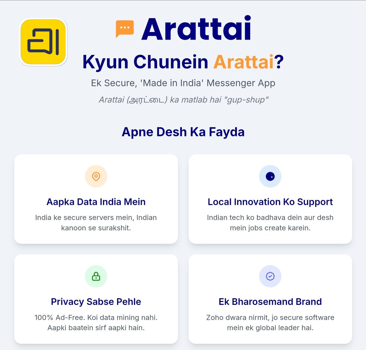 MyGaurav's tweet photo. @Arattai
APP:https://t.co/cSvbRvGiXJ

#Hinglish 
#VocalForLocal #EmbraceArattai #Arttai #AaoArttaiMaadi https://t.co/k8F3GIfmJX