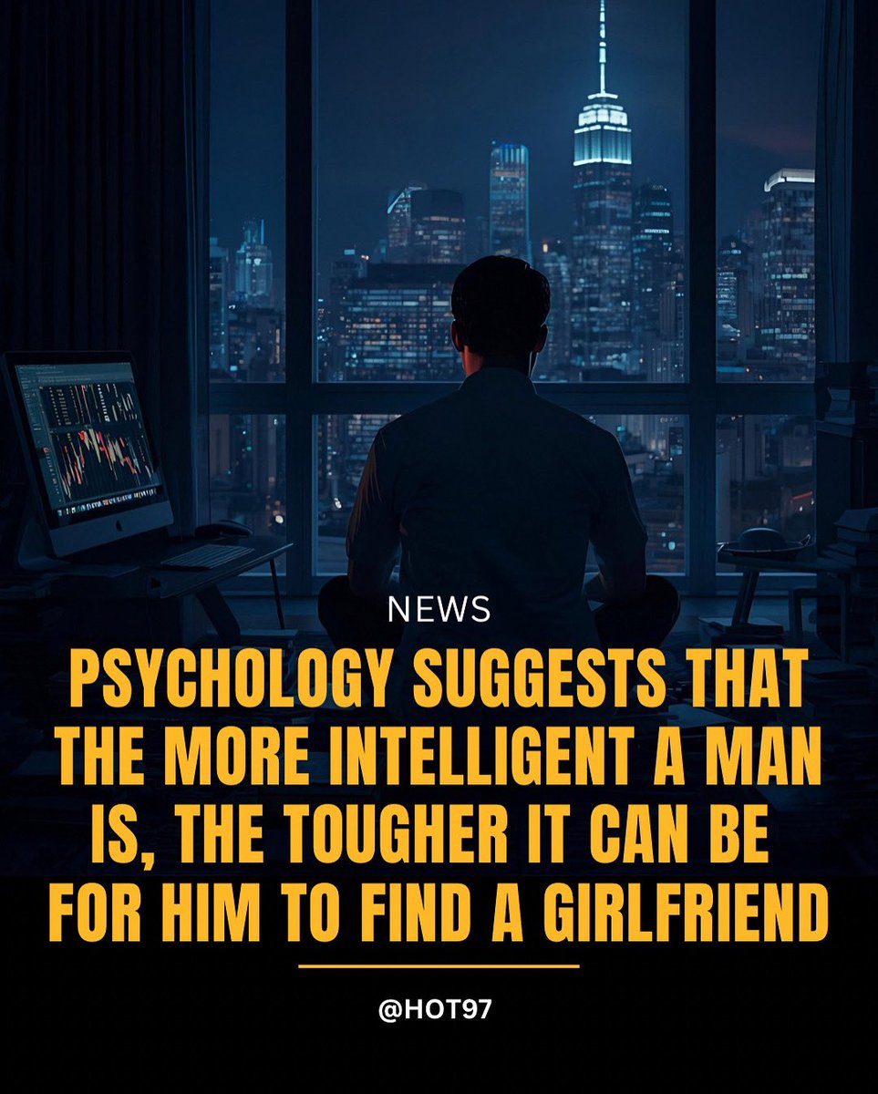 HOT97's tweet image. Psychology indicates that the more intelligent a man is, the more challenging it can be for him to find a girlfriend.
High intelligence often leads to deeper thinking, higher standards, and a more analytical approach to relationships.
While this can make him intentional and…