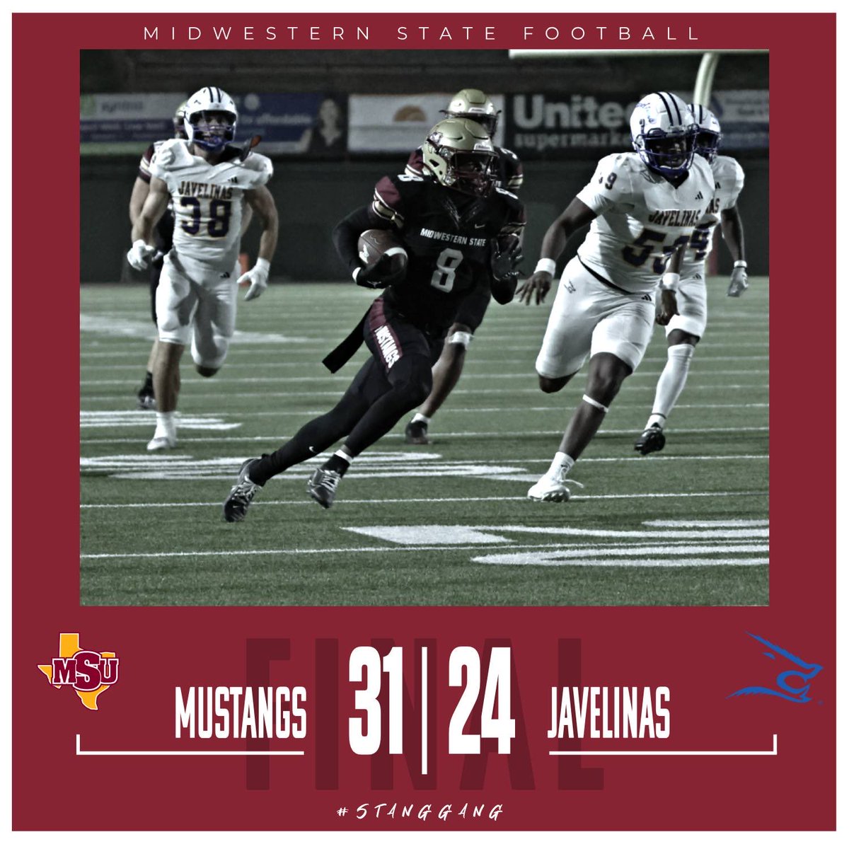 🏈MUSTANGS WIN!!!

Cedonyae Lott’s 4th quarter punt return touchdown is the difference, as <a href="/MSUTexasFB/">Midwestern State Football</a> come back to beat Texas A&amp;M-Kingsville, 31-24.

#StangGang