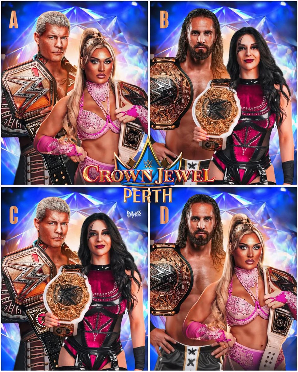 Wrestlish_WAR's tweet image. Which set of Champions walk out as Crown Jewel Champions...
A. Cody Rhodes and Tiffany Stratton
B. Seth Rollins and Stephanie Vaquer
C. Cody Rhodes and Stephanie Vaquer
D. Seth Rollins and Tiffany Stratton
©️ - Perales Edits