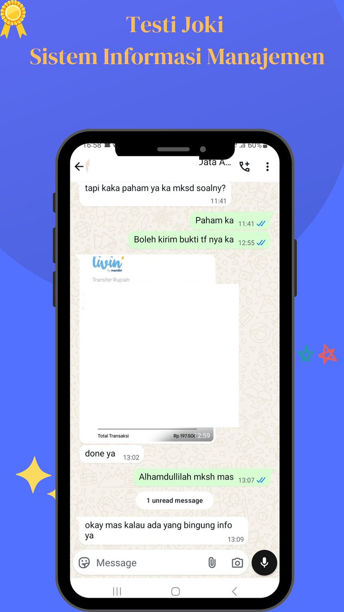 JokiZafa's tweet photo. Bestiee Testi joki skripsi teknik industri dan joki sistem informasi manajemen best, udah ribuan testi, yok bestiee yang mau dibantu tugas, ujian hingga skripsinya buruan (https://t.co/yq7eb2FyD2) best,harga terbaik,cepat dan terpercaya
#zonauang #zonajajan #testijoki #jokiskrips https://t.co/DRXmc3blze
