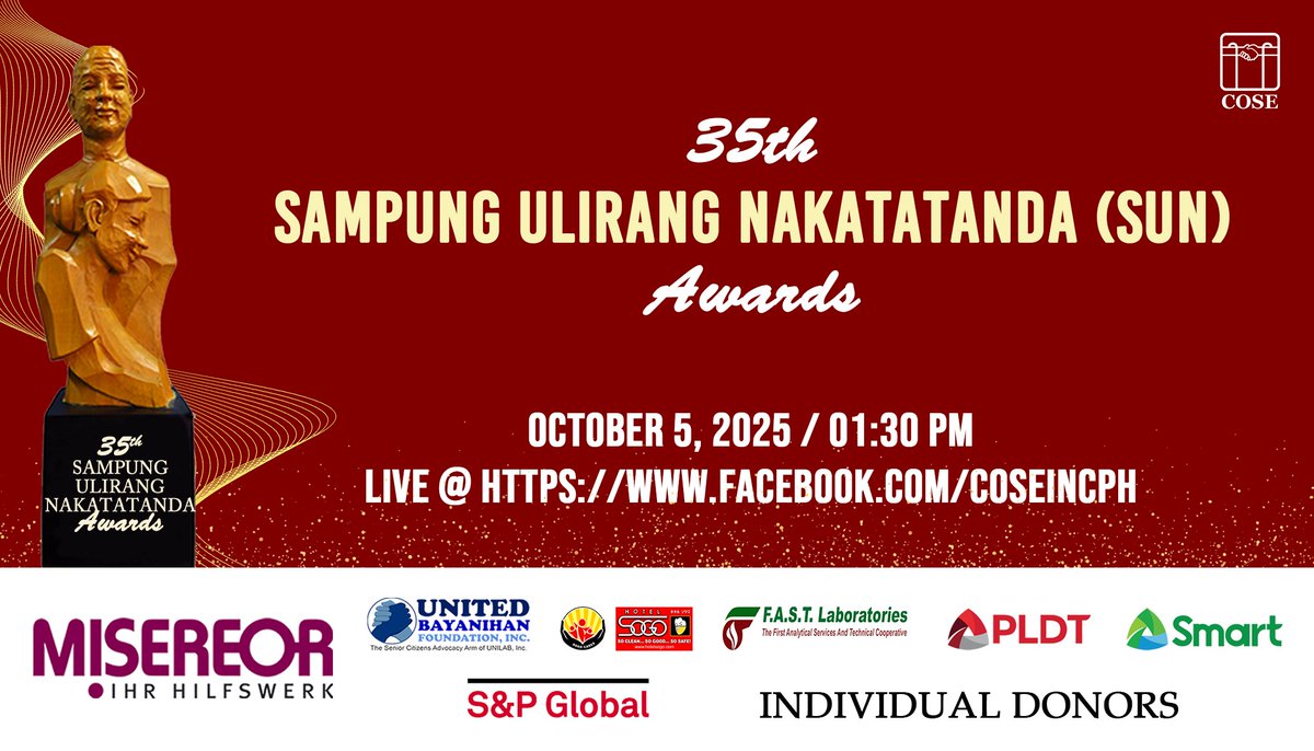 Ang ika-35 Sampung Ulirang Nakatatanda (SUN) Awards ay gaganapin ngayong ika-5 ng Oktubre 2025.

Maaari pong mapanood ang livestream ng awarding sa COSE Facebook page (facebook.com/COSEincPH)

#SUNawards2025 #COSEisProOlderPersons #ElderlyFilipinoWeek2025