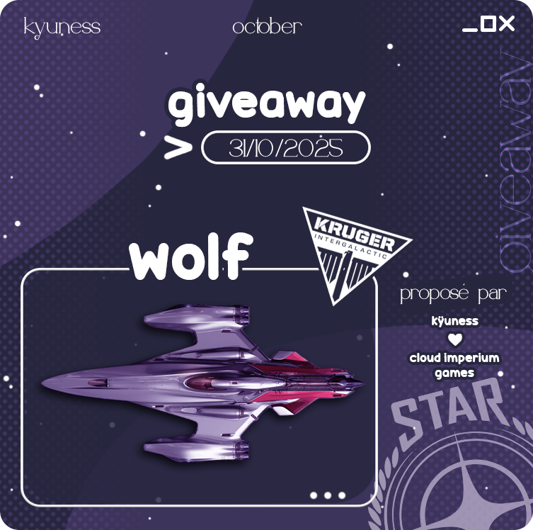 Kyuness_'s tweet photo. 💌 GIVEAWAY WOLF L-21 LTI  (END 31/10/2025) #gaming #StarCitizen #starcitizenfr #Giveaway  

Gifted by
@RobertsSpaceInd 

- Follow
@Kyuness_ 
+ https://t.co/C4TKeTTysN
+https://t.co/WPVh07EffY

- Like &amp; RT  https://t.co/FqamYGn6pE

ticket per 10 mins https://t.co/9gYFX2DCOa