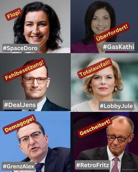 Auch heute bin ich für:
#Spahnrauswurf 
#Spahnuntersuchungsaussschuss
#SpahnVorGericht 
#Warkenrücktritt
#Reicherücktritt
#Dobrindtrücktritt
#Klöcknerrücktritt
#Linnemannrücktritt
#Ludwigrauswurf
#Söderrücktritt

#MerzKannNichtKanzler 
#Merzkannesnicht