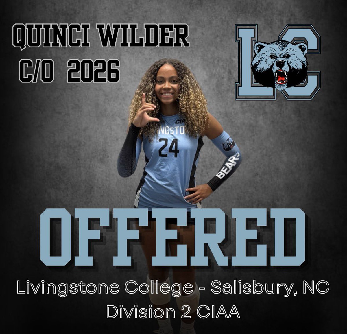 WilderQuinci's tweet photo. After a great visit, I'm excited to announce that I've received my very first offer from Livingstone College!

Thank you Coach Charleston for believing in me and for providing me with this opportunity. I had a great time meeting the team and exploring campus. 

Go Blue Bears! 🩵
#uncommited #volleyballrecruit #2026recruit