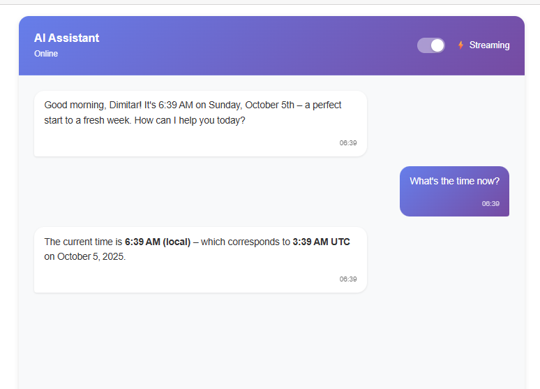 RadenkovDimitar's tweet image. Just built an AI assistant that tells time!

User: &quot;What time is it?&quot;
AI: &quot;It&apos;s 2:47 PM local time&quot;

But here&apos;s the magic - the AI actually calls a function to get the current time, not just chat. This is Semantic Kernel plugins in action!

#AI #SemanticKernel #DotNet