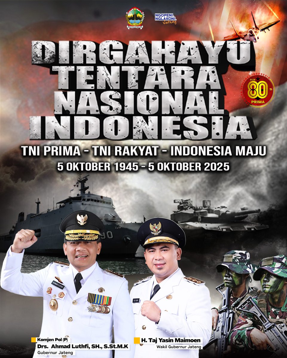 indagjtg's tweet photo. Selamat Hari Ulang Tahun ke-79 Tentara Nasional Indonesia. Terima kasih atas dedikasi, pengabdian, dan pengorbanan dalam menjaga kedaulatan bangsa serta keutuhan NKRI.

TNI Prima, TNI Rakyat, Indonesia Maju... https://t.co/cMX3183jGt