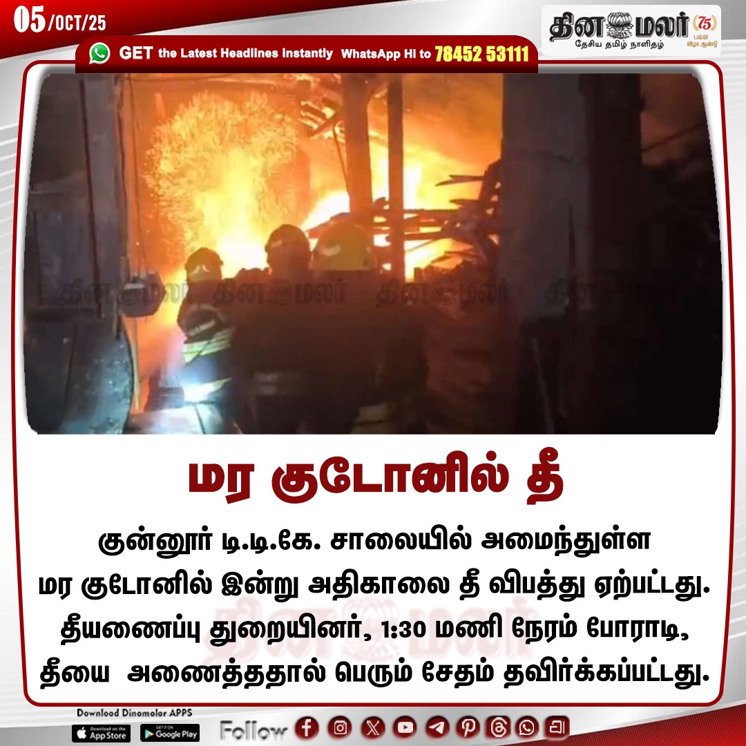 dinamalarweb's tweet photo. மர குடோனில் தீ
#Fireaccident | #Coonoor | #firestations | #Ooty
https://t.co/y4W3uzOWeZ https://t.co/VpXtbm6FUl