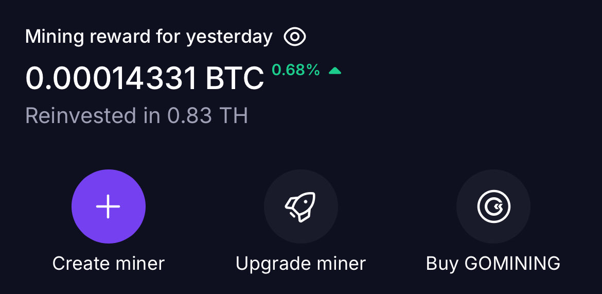 CryptoZ90990's tweet photo. @gomining .83th added to the farm with daily reinvestments. https://t.co/13sV8IsT3H