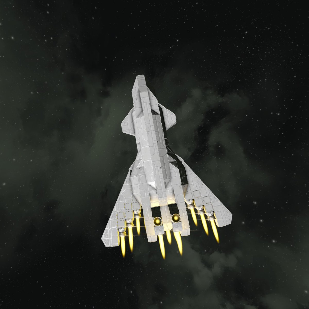 Caernavon2's tweet photo. #SpaceEngineers 
試作の可変翼機で雑設計ドローンとの演習
翼動かす意味を求めて翼にスラスター搭載
これにより翼動かすとスラスターの向きが変わるので、バランスのテーパー翼、加速力の後退翼、機動力の前進翼を切り替えて云々
制御自体はWASDの入力状態で切り替え

なおドローンにぼろ負け https://t.co/w2AegGKYDU