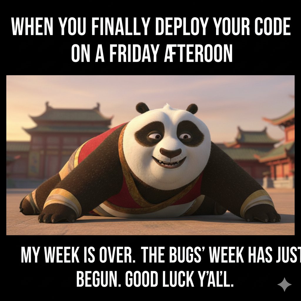 Harshitt_Singhh's tweet image. When you finally deploy your code on a Friday afternoon.
#CodingMemes #ProgrammingHumor #DeveloperLife
#CodeLife #SoftwareDeveloper
#ComputerScience #TechHumor 
#Debugging #Programmer #IT
#WebDev #SoftwareEngineering
#Meme #Funny #Relatable