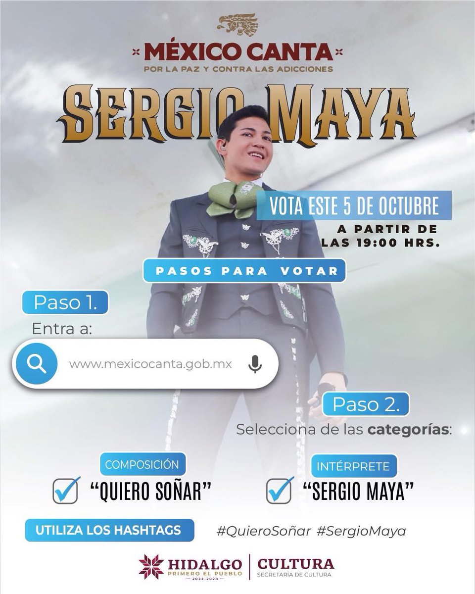 🎤✨ ¡Este domingo se vive la gran final de México Canta por la Paz y contra las Adicciones! <a href="/MexicoCanta_/">México Canta</a> 

Nuestro talento hidalguense, Sergio Maya, llega a la última etapa y necesita de todo nuestro apoyo. 💪🎶

¡Hidalgo puede traer la victoria! 💥
👉🏻 mexicocanta.gob.mx