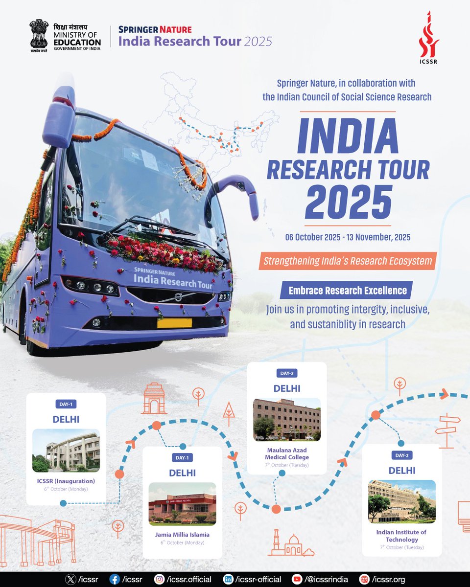 icssr's tweet image. India Research Tour 2025
Springer Nature, in collaboration with the Indian Council of Social Science Research, invites you to embark on a journey of discovery, collaboration, and innovation. Together, let’s inspire and elevate research across India — and shape the future of…