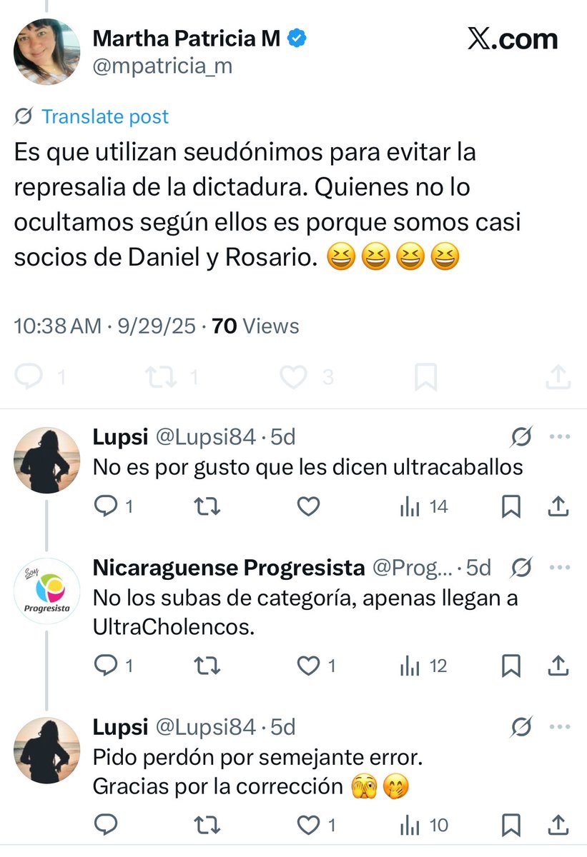 Una conversación cualquiera entre zurdos, muy amena por cierto.

#UltraZurdos 👇

Y ella <a href="/mpatricia_m/">Martha Patricia M</a> es la que hizo el reporte sobre el abuso de los sandinistas a mano de Ortega y de la bruja Murillo sobre la iglesia Católica. 

La patanería es normal entre estos dos pendenjos