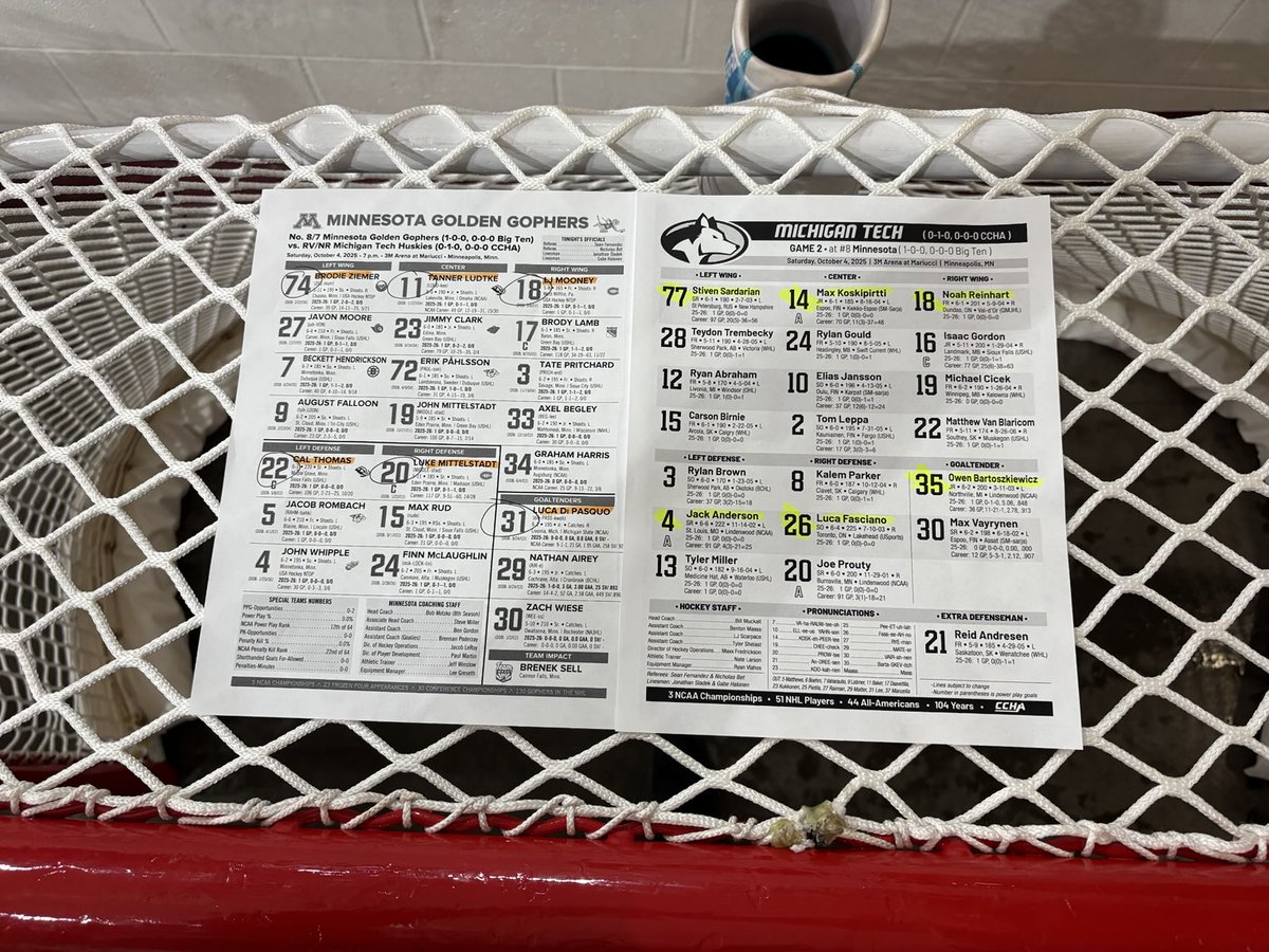 Starters for this evenings non conference matchup ⁦<a href="/mtuhky/">Michigan Tech Hockey</a>⁩ vs ⁦<a href="/GopherHockey/">Minnesota Men’s Hockey</a>⁩ ⁦<a href="/CCHAHockey/">CCHA</a>⁩ ⁦<a href="/B1GHockey/">Big Ten Hockey</a>⁩ @fox9