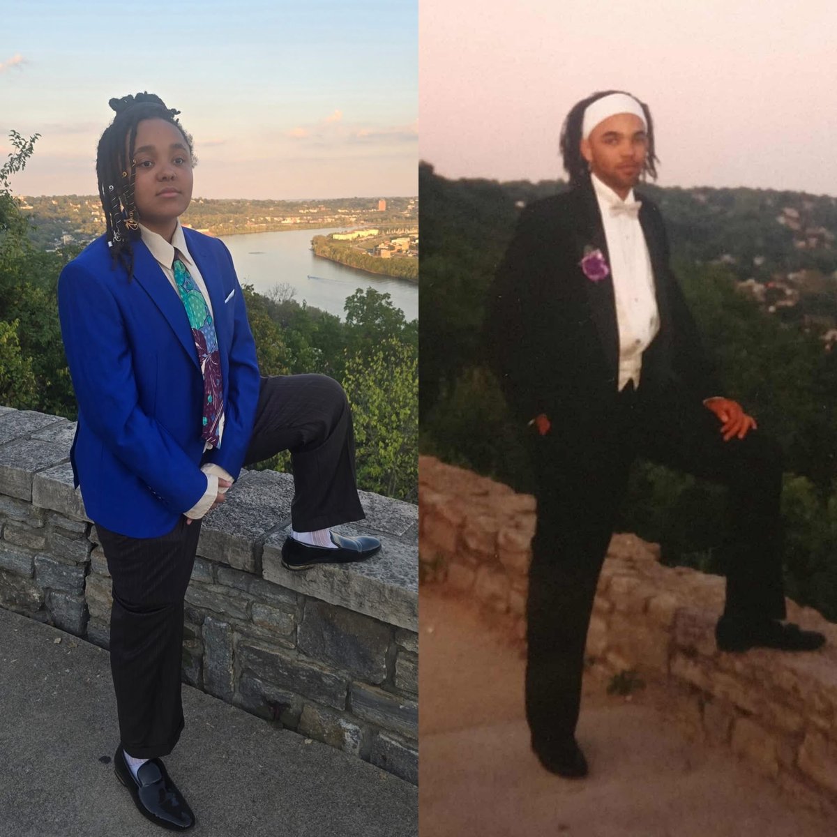 michelle_byoung's tweet photo. Our kid on the left going to Homecoming, on the right, hubby 30 years ago going to Homecoming. Yes I birthed his twin! https://t.co/T6F9ip13S3