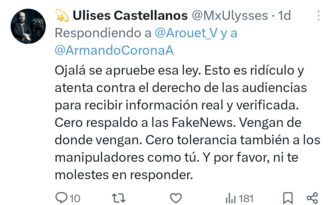 Ulises Castellanos (<a href="/MxUlysses/">💫 Ulises Castellanos</a>) tiene el alma perdida y el cerebro atrofiado. Primero entró a mi cuenta a defender la Ley "Antistickers" sin saber qué es y luego huyó, como sucede con las cucarachas del bienestar. Segundo, además se exhibir su fanatismo e ignorancia quedó