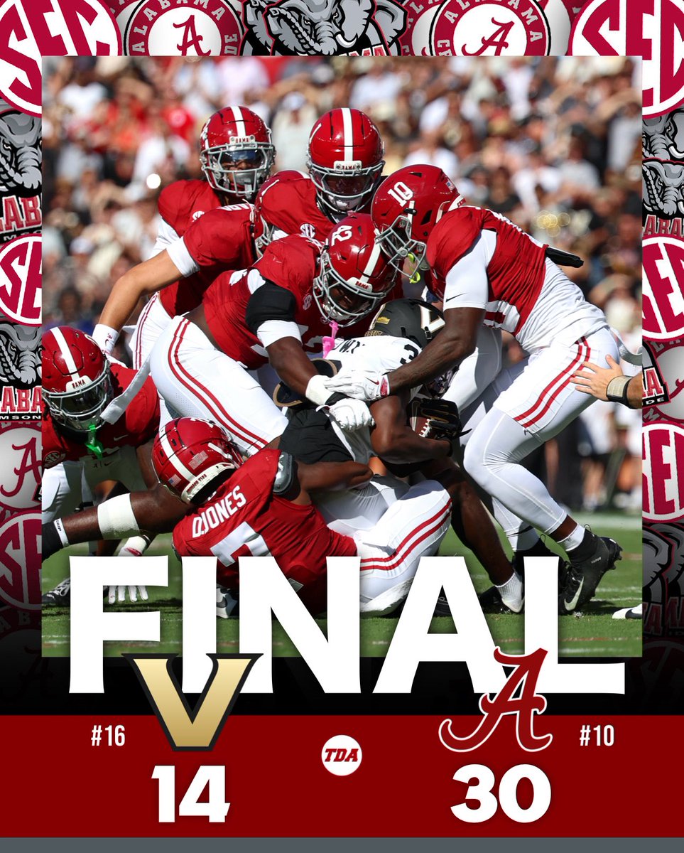 TDAlabamaMag's tweet photo. The Tide keeps ROLLING 🌊

#10 Alabama gets their get-back vs #16 Vanderbilt.

How are you feeling after today’s W ?!?! https://t.co/D0JLbXmh8N
