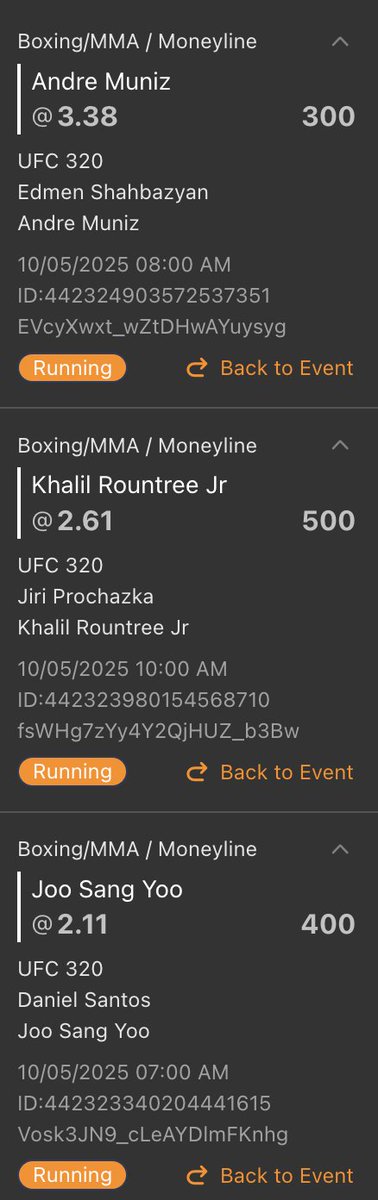 luckyren8's tweet photo. UFC Picks

5U Khalil Roundtree Jr ML @ 2.61
4U Joo Sang Yoo @ 2.11
3U Andre Muniz ML @ 3.38

There is so much value in the underdogs in these three matches that I feel obligated to take them. I would consider them undervalued. These are close to 50/50 fights, and all three picks have plausible paths to victory. Khalil's kicks will neutralize Jiri's unpredictable tendencies and keep the fight at a distance. Khalil showed his durability against Pereira, and I don't think Jiri can inflict the same damage without taking damage. Khalil hits like a truck. Joo is also a solid striker who has not lost a fight, whereas his opponent is a washed-out boxer who has power but rates his ground game more highly. Joo will know this, and from analysing his past fights outside the UFC, he has excellent takedown defense. This will eventually exhaust his opponent, leaving them vulnerable to the knockout. Andre Muniz is a point fighter who loves spamming these takedowns. If he can keep Shahbazyan on the ground, which I think he can, he will sail towards an easy decision victory. Shahbazyan has knockout power, but does not land a lot of strikes. Muniz is experienced, and with this much value, I feel compelled to take Muniz here.