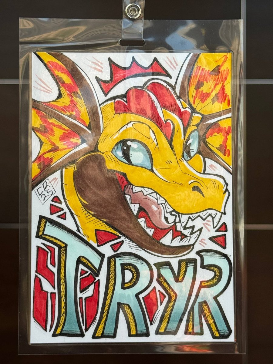Can't belive this is real! My first offical con badge of my sona. And the first official art of him outside of the head itself. So greatful to have this amazing art of my sona! 
Shout to <a href="/Clarelurks/">🖤Vicinity🖤🔜 MCFC</a>  for the art and letting me pick it up at Gateway Fur! #Furry #Scalie #Art