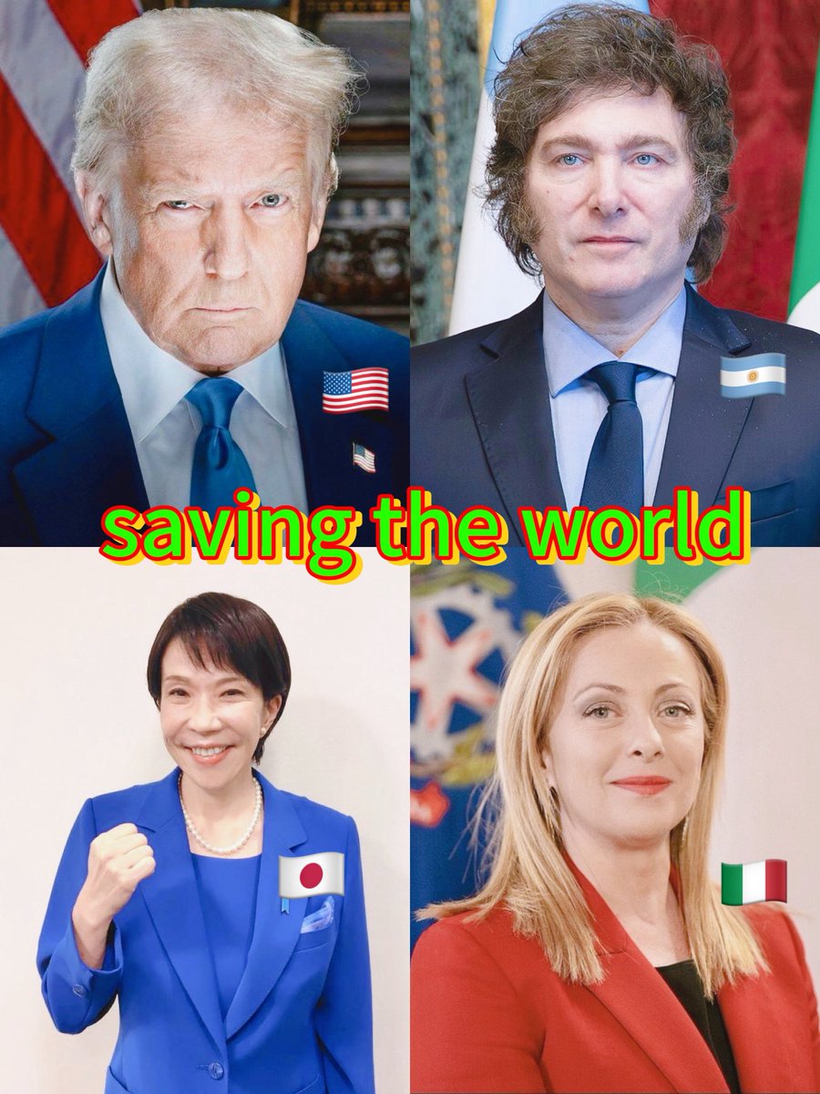 finn77w's tweet photo. Trump 🇺🇸
高市早苗🇯🇵
Meloni 🇮🇹
Milei 🇦🇷
are fighting to save the world! 🌍🕊️💪
----------
Macron 🇫🇷 & Starmer 🇬🇧 are letting the civilized world fall… 🔥⚠️🇵🇸
#SaveTheWorld #DefendCivilization
#Trump #Takaichi #Meloni #Milei
#高市早苗
#ClownShow #Macron #Starmer https://t.co/14kEvpWYPW